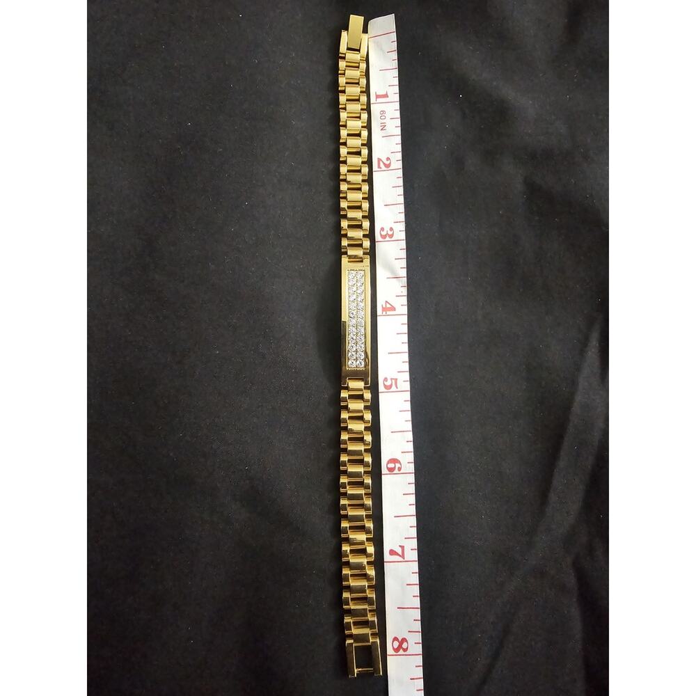 8in Gold Tone Metal ID Chain Bracelet w/ Rectangular CZs Plate Fashion Jewelry